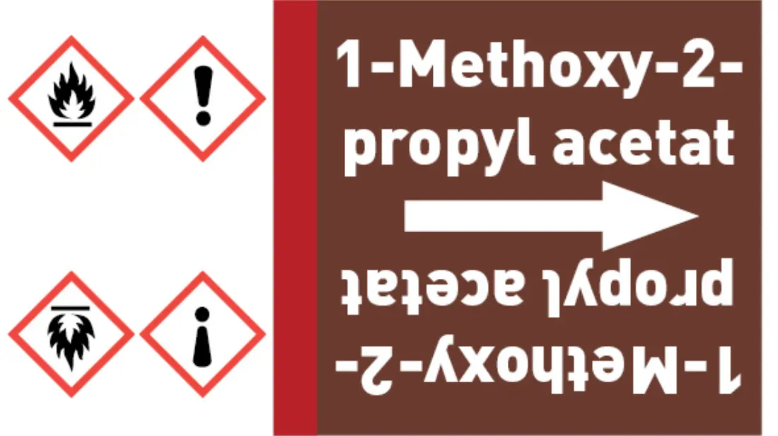 Kennzeichnungsband 1-Methoxy-2-propyl acetat braun/weiß bis Ø 50 mm 33 m/Rolle Kennzeichnungsband 1-Methoxy-2-propyl acetat braun/weiß bis Ø 50 mm 33 m/Rolle