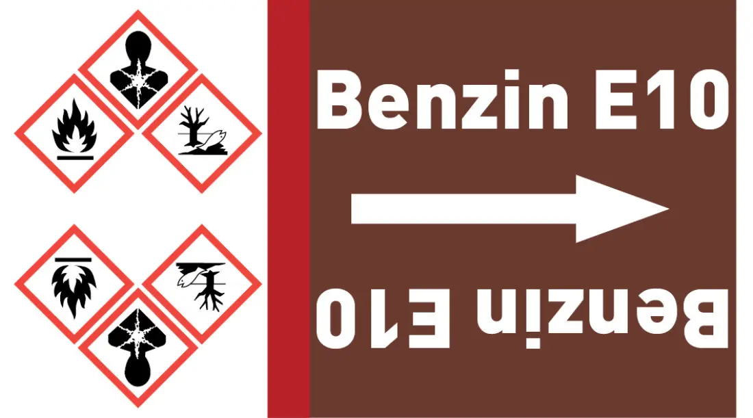 Kennzeichnungsband Benzin E10 braun/weiß ab Ø 50 mm 33 m/Rolle