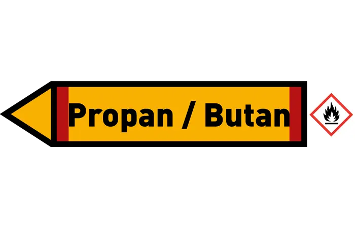 Pfeil links Propan / Butan gelb/schwarz 215x40 mm