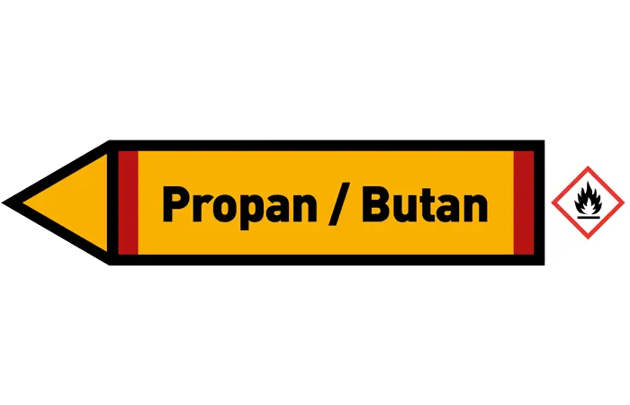 Pfeil links Propan / Butan gelb/schwarz 125x25 mm