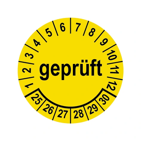 Prüfplakette Ø 40 mm "geprüft" gelb/schwarz, 1 VPE (200 Stück)