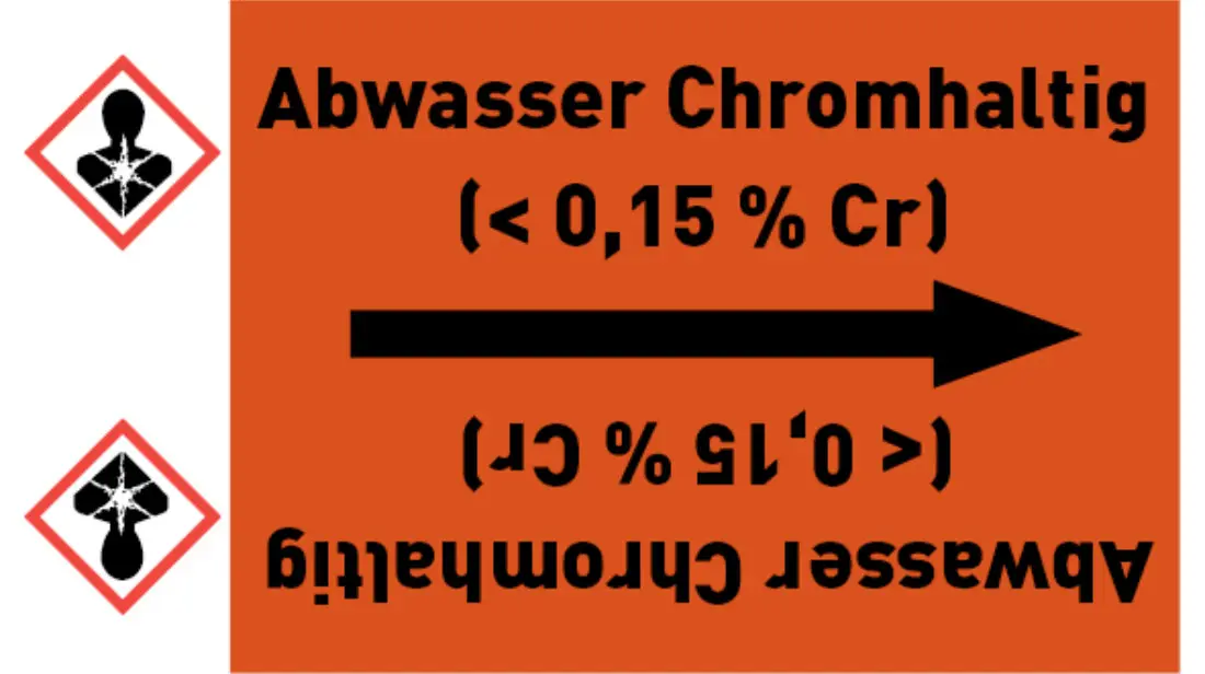 Kennzeichnungsband Abwasser Chromhaltig (< 0,15 % Cr) orange/schwarz bis Ø 50 mm 33 m/Rolle