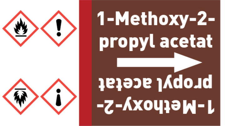 Kennzeichnungsband 1-Methoxy-2-propyl acetat braun/weiß bis Ø 50 mm 33 m/Rolle Kennzeichnungsband 1-Methoxy-2-propyl acetat braun/weiß bis Ø 50 mm 33 m/Rolle